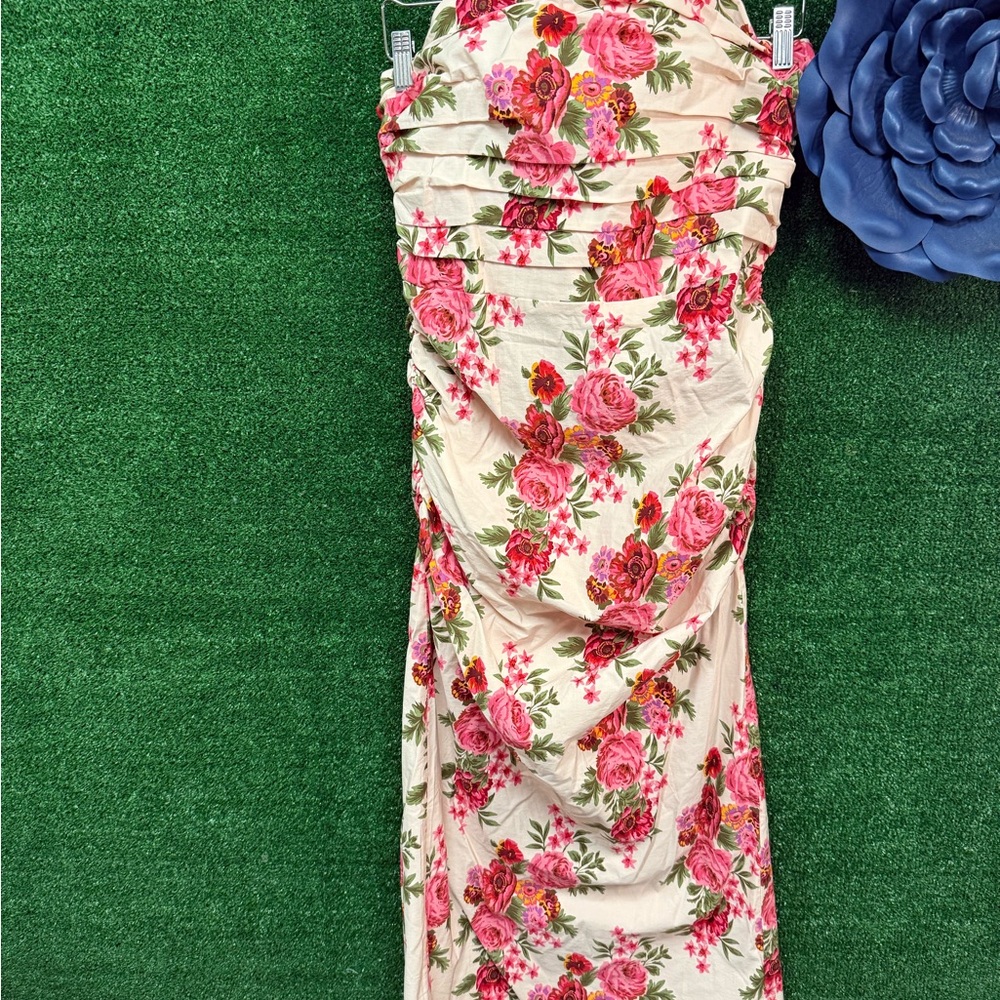 Anthropologie Pink Floral Tube Top Ruche Dress Size Large Brand New
